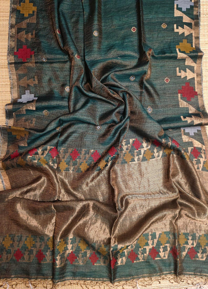 Qafiya - Handwoven Tussar Needle Jamdani saree by Rihyaaz featuring intricate woven motifs, premium Tussar silk fabric, elegant drape, and authentic Bengal craftsmanship for festive and wedding wear.