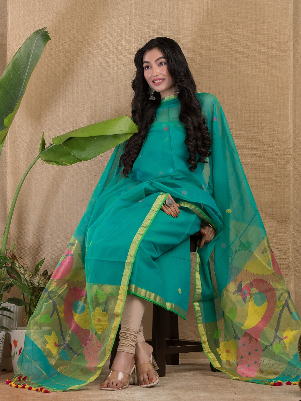 Rihyaaz Muslin Peacock Motif Paithani Jamdani handwoven suit with 2.5 meter top and tassel detailed dupatta