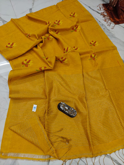 Lolita tissue linen allover weaved floral motiffs needle Jamdani saree with blouse piece, and striped zari weave in Pallu, handcrafted Bengali saree by Rihyaaz