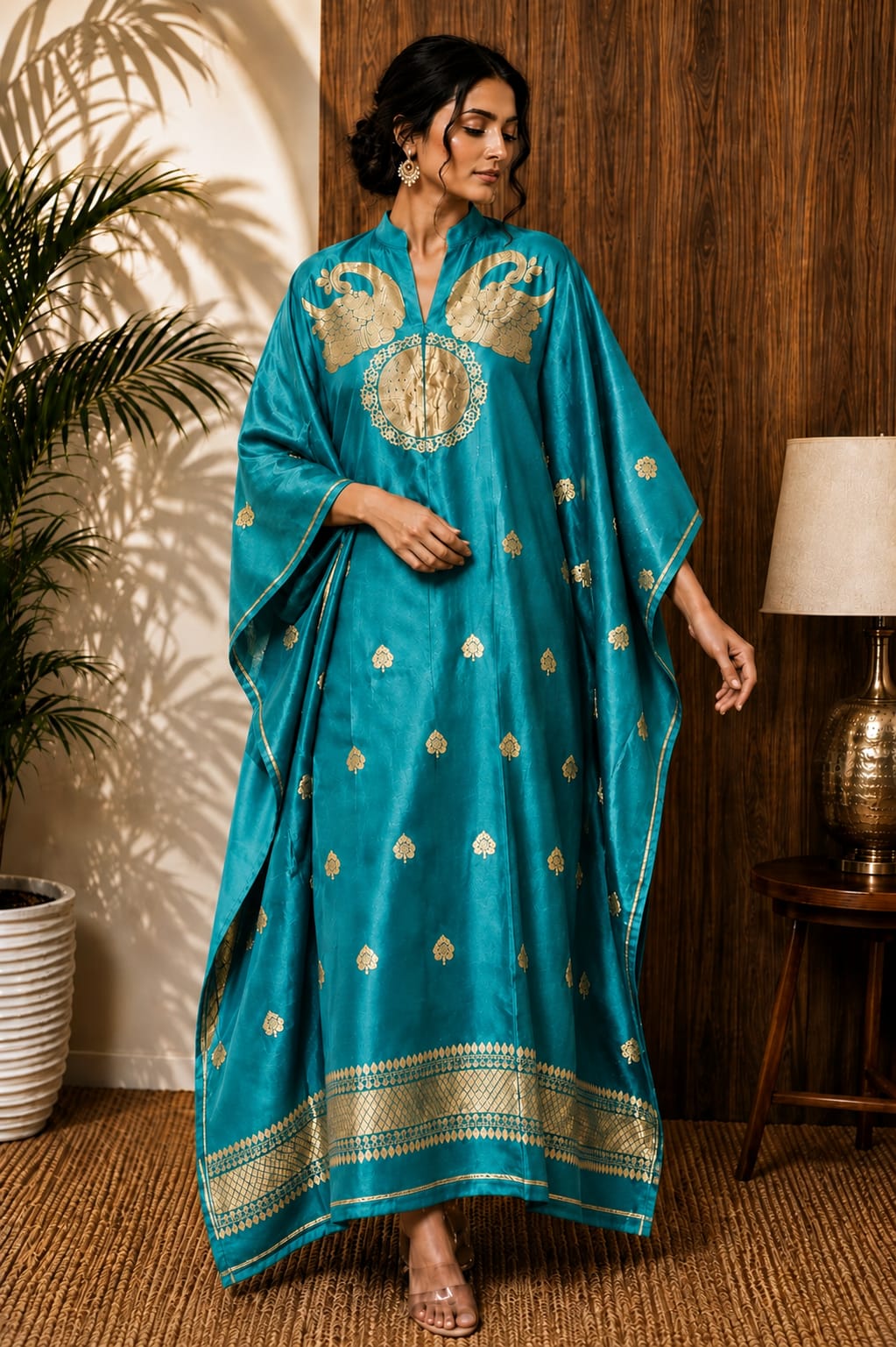 Nayra Banarasi weaved unstitched kaftan by Rihyaaz, showcasing elegant traditional Indian weaving and luxurious ethnic styling.