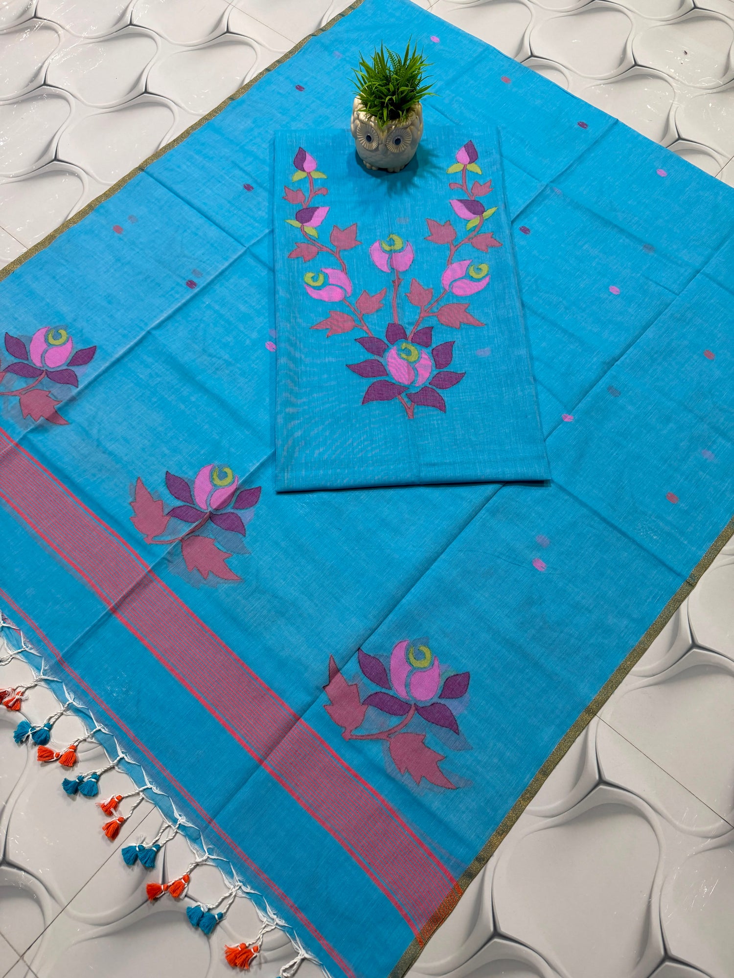 Turquoise Blue Pure cotton Jamdani suit set with 2.5 meter cotton top and 2.5 meter dupatta, featuring traditional Jamdani weaving and elegant ethnic design by Rihyaaz.