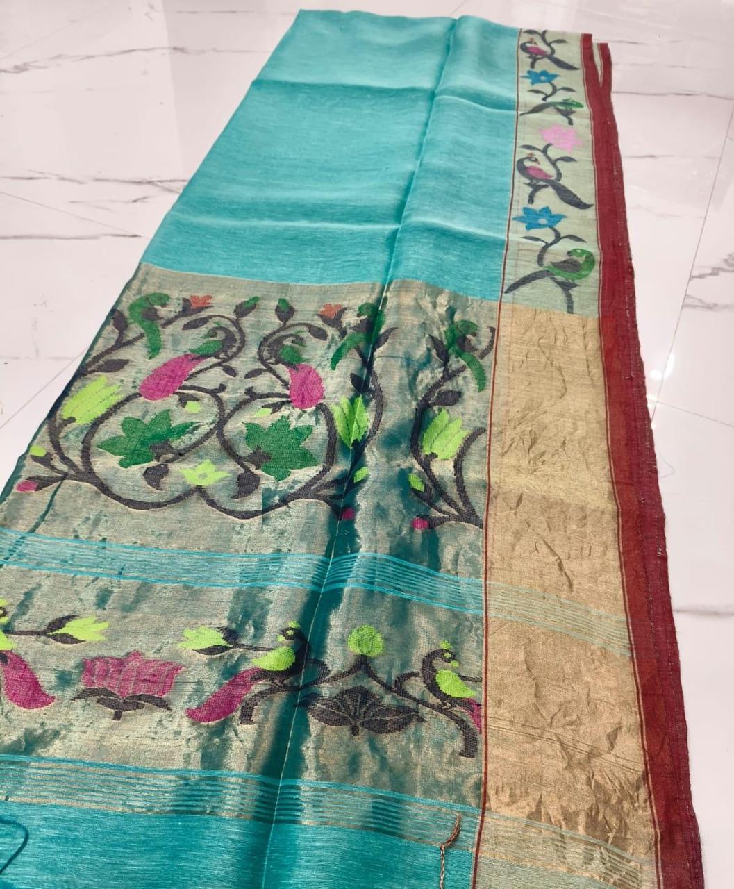 Kheya silk linen Pita zari Paithani saree by Rihyaaz Fashions, featuring traditional zari weaving and elegant handloom detailing.