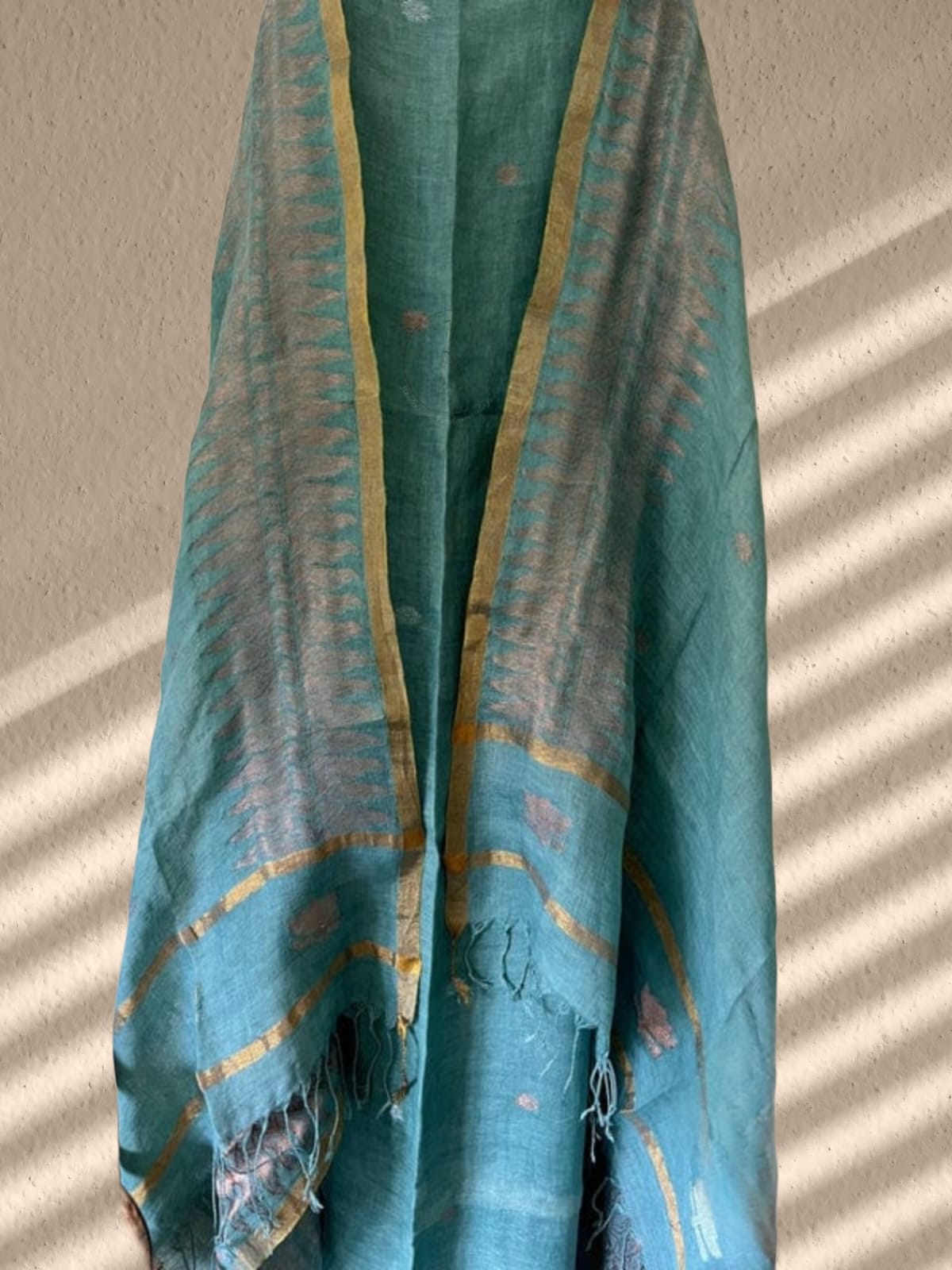 Sohini 84 count pure linen Jamdani suit with intricate copper zari weave by Rihyaaz