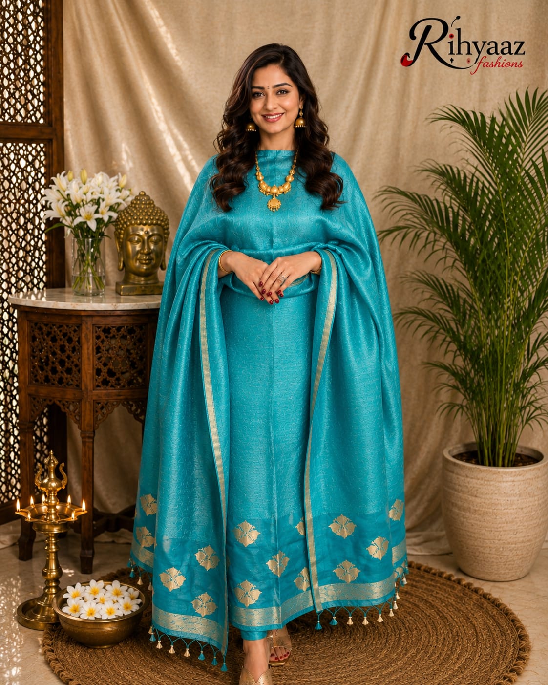 Noorie Silk Mark Certified Kora Palla Linen Silk Khaduwa Weaving Suit with intricate handwoven detailing, 2.5 mtr top and dupatta by Rihyaaz Fashions.