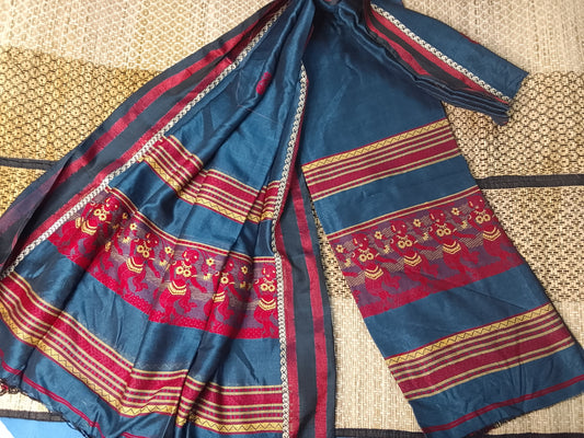 Bihu - Mul Cotton Baluchari Handwoven Suit Set by Rihyaaz featuring traditional Baluchari-inspired weaving on soft breathable mul cotton fabric.