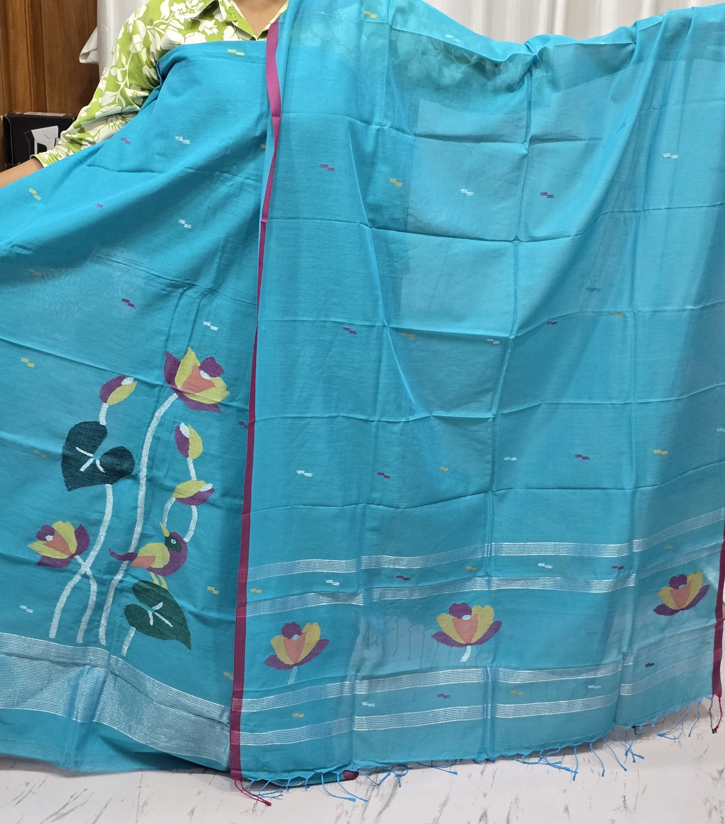 Arvi Mul Cotton checkered Needle Weaved Lotus Motif Jamdani suit with daman work and detailed dupatta by Rihyaaz