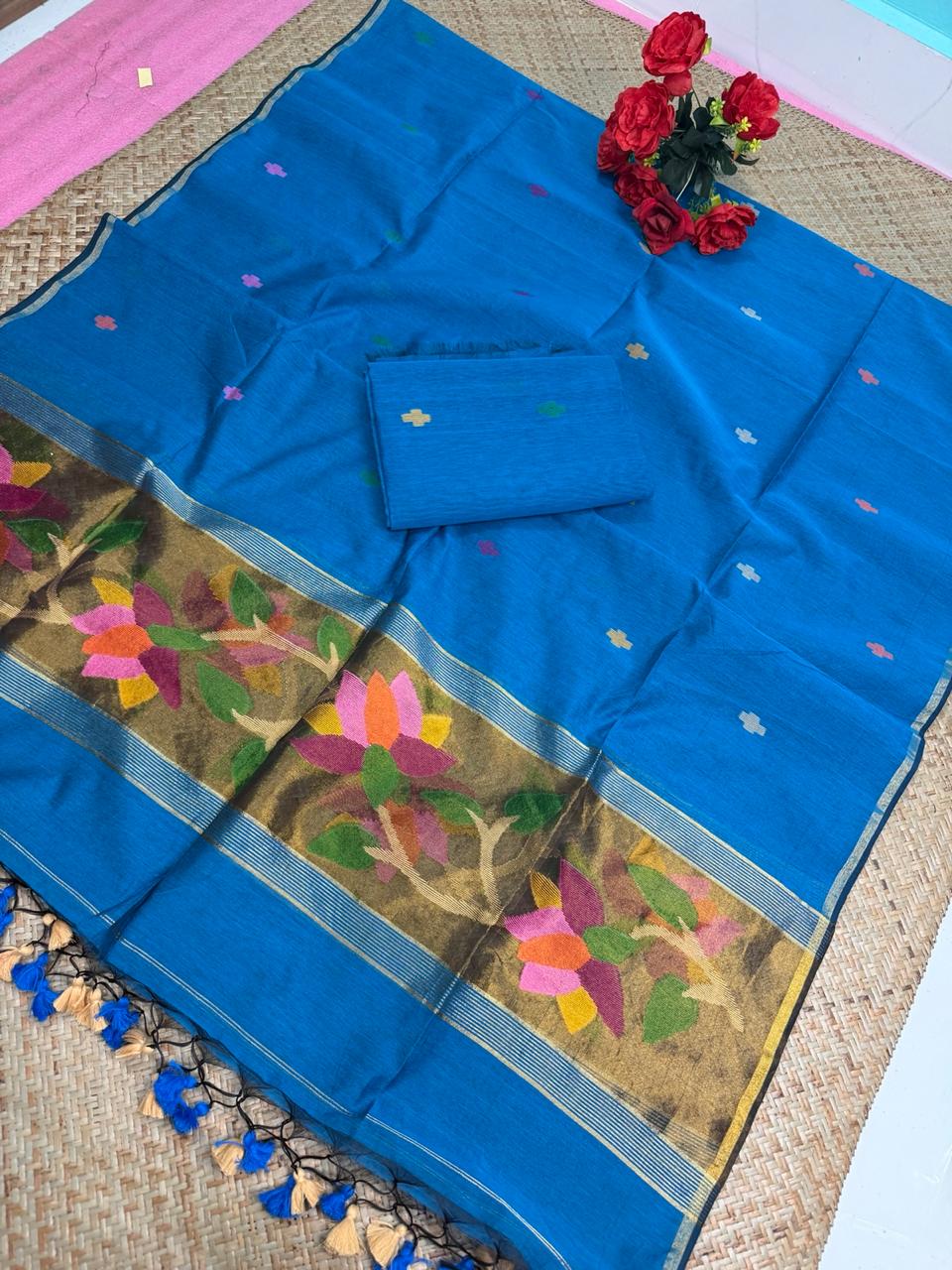 ✨ Muslin Paithani Jamdani Handwoven Suit Set with Tassels Dupatta | Rihyaaz