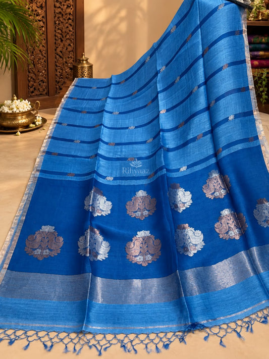Aarti turquoise premium Resham by linen silk dual zari weaved Jamdani saree with intricate handwoven Jamdani detailing by Rihyaaz Fashions