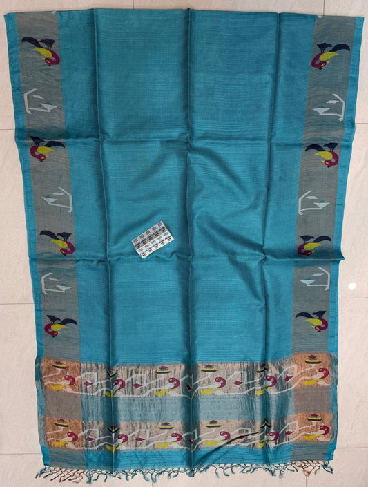 Sagari Turquoise pure Bengal Tussar silk saree with authentic Gachhi weaving, 4-ply handloom tissue Jamdani work and unique dyed-silk detailing, Silk Mark certified by Rihyaaz Fashions.