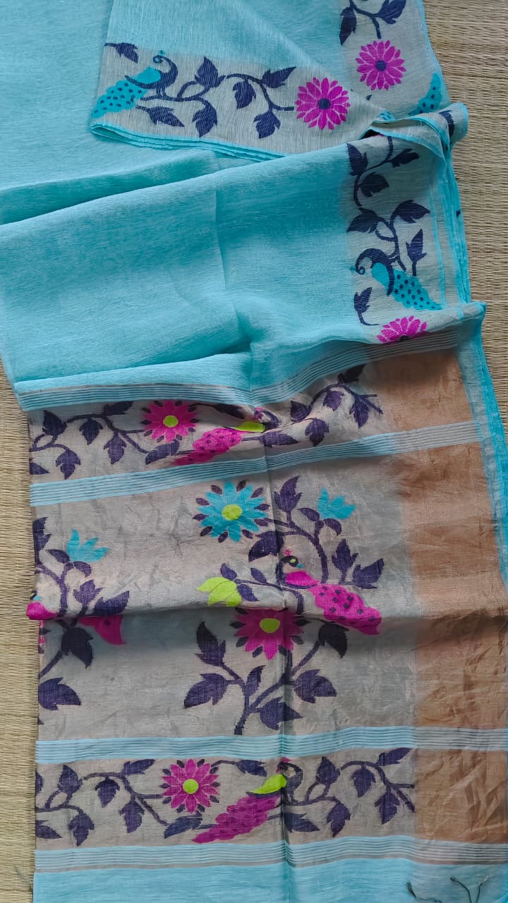 Tarang pure linen tissue Jamdani saree featuring a beautifully detailed needlework Jamdani border with floral and bird motifs, by Rihyaaz.