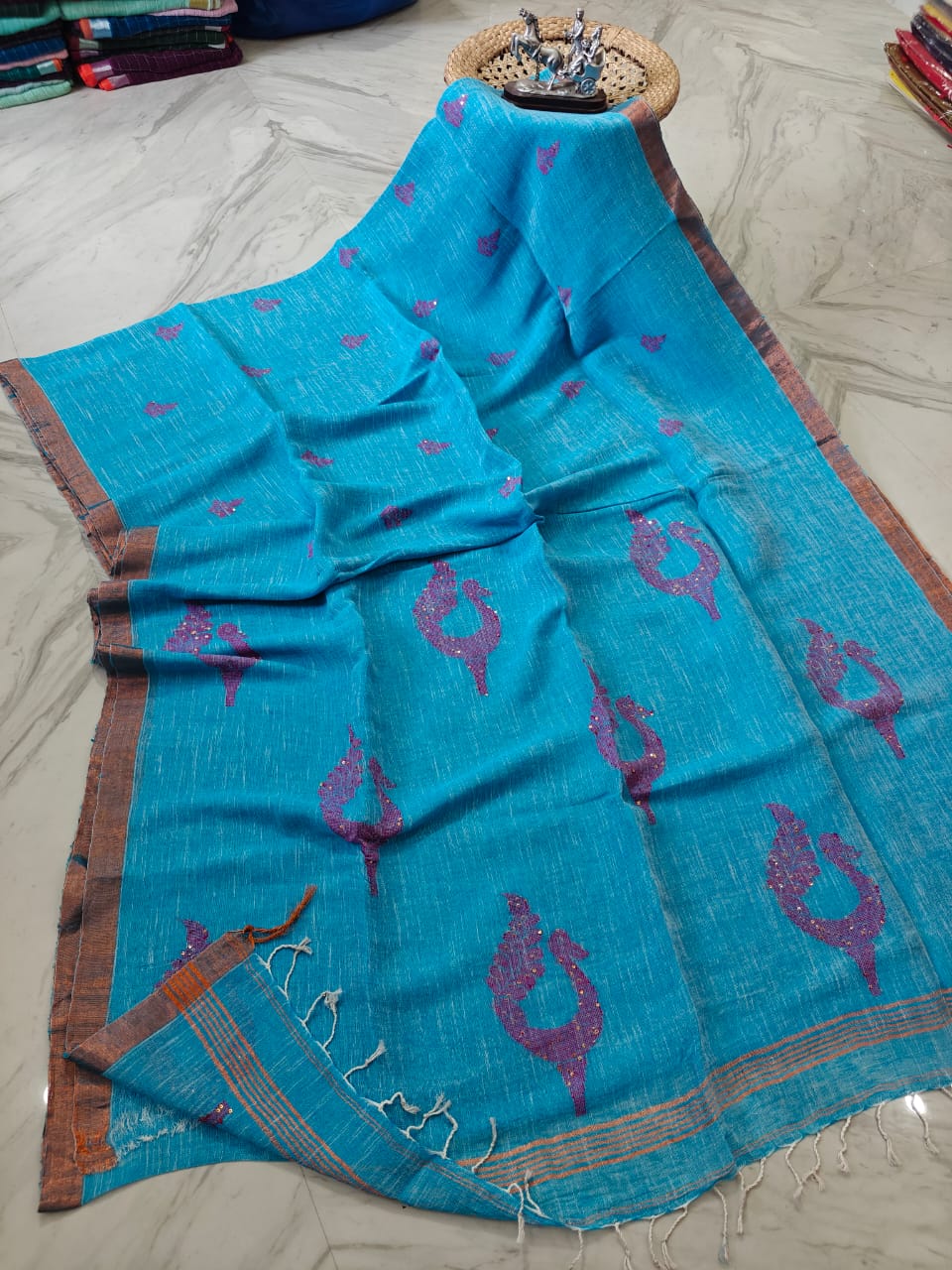 Exclusive Pure Linen by Linen Peacock Jamdani handwoven saree with all-over body Mina work and running blouse piece by Rihyaaz