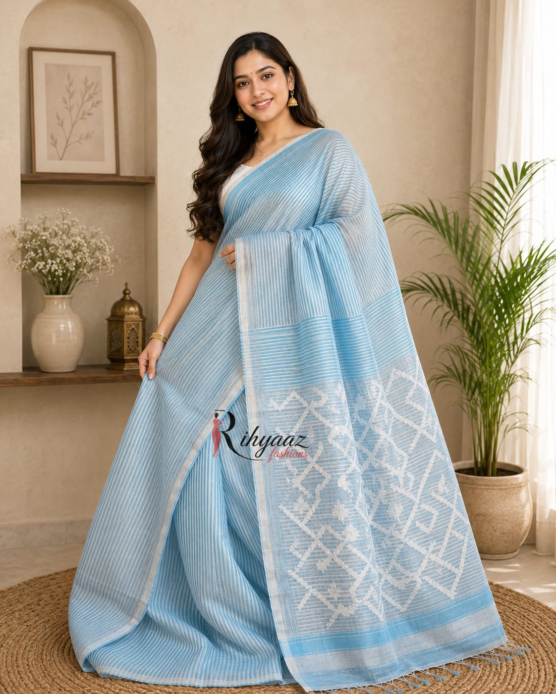Sarsi – Pure Silk Linen Resham Pallu Jamdani Handwoven Saree with Blouse Piece | Rihyaaz
