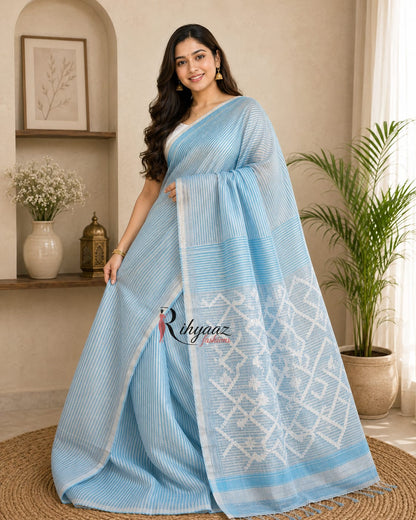 Sarsi – Pure Silk Linen Resham Pallu Jamdani Handwoven Saree with Blouse Piece | Rihyaaz
