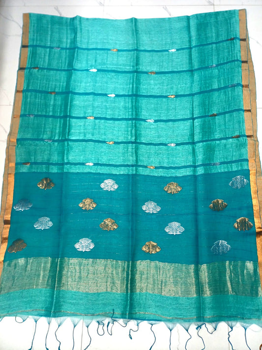 Silkmark Certified Turquoise Bengal Handloom Tie and Dye Tushar saree with all-over design, contrast border and blouse piece by Rihyaaz.