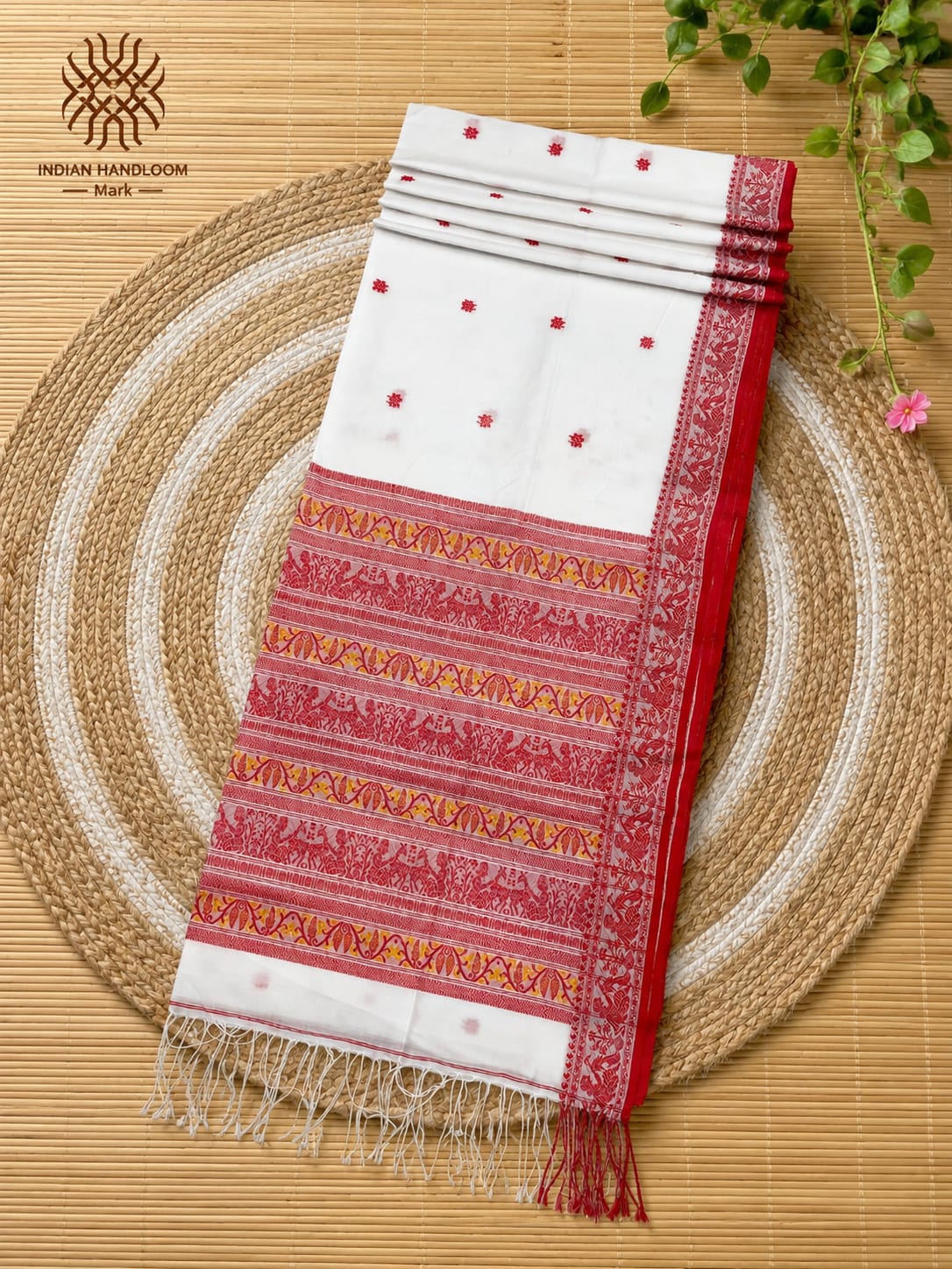 Authentic premium quality handloom Cotton Khadi Baluchuri saree by Rihyaaz, featuring unique traditional Baluchuri-inspired weaving, intricate heritage motifs, elegant handloom texture, breathable cotton khadi fabric and a matching running blouse piece, showcasing timeless Indian craftsmanship and refined ethnic elegance.