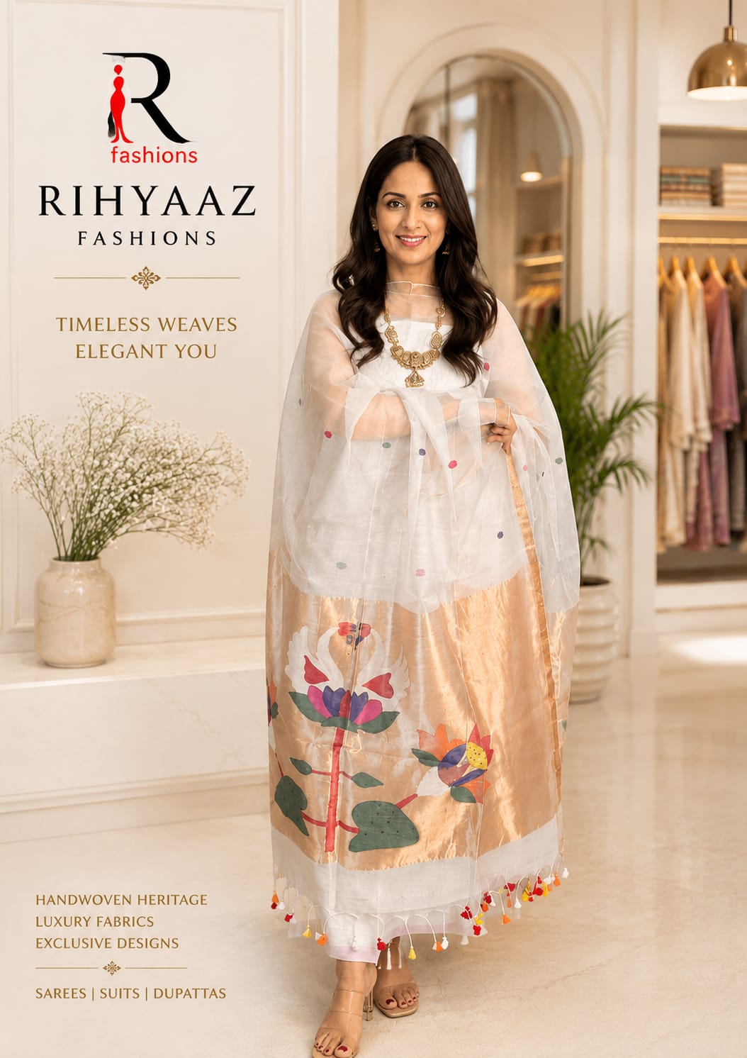 Mohor broad palla Paithani linen Jamdani suit by Rihyaaz with 3-meter linen top and 2.5-meter tassel dupatta in premium handloom-inspired weave.