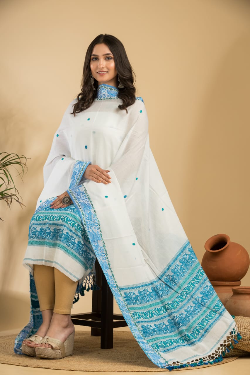 Rihyaaz White cotton Baluchari suit set with 2.5 meter top and 2.5 meter tassel dupatta, elegant traditional ethnic wear for women.