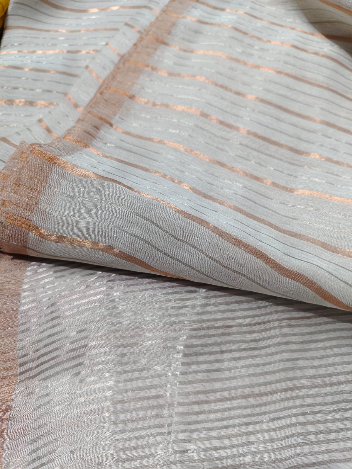 Shaam Resham Dual Zari Stripe Silk Linen Saree by Rihyaaz Fashions, premium handwoven silk linen saree with elegant resham and dual zari stripe detailing.