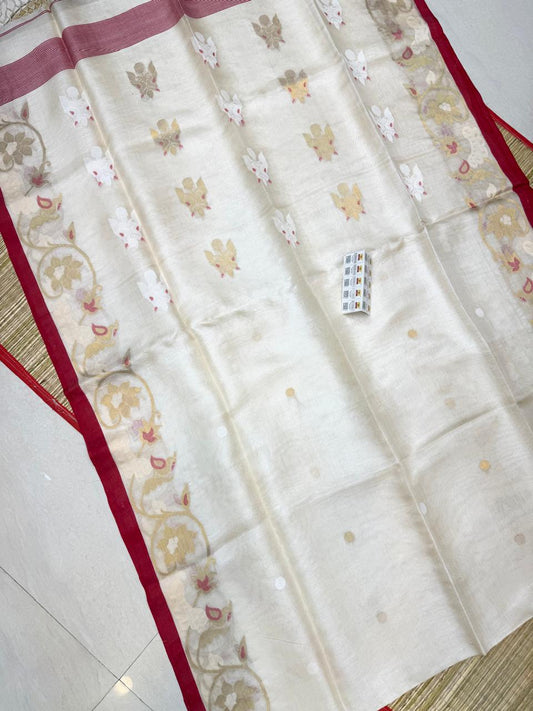 Sourja White Exclusive pure Gachhi Tussar silk Jamdani saree with all-over buti motifs, unique PL weaving and Silk Mark tag by Rihyaaz Fashions.
