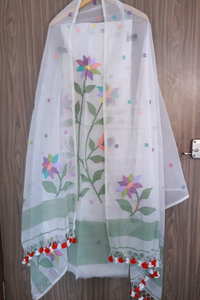 Tinka Floral multicolour cotton muslin Jamdani suit with intricate woven patterns by Rihyaaz