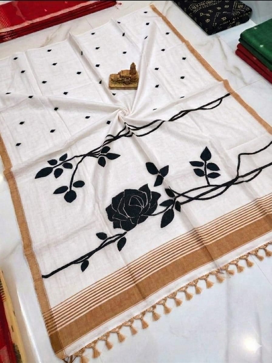 Handwoven Mul Cotton Rose Saree with elegant rose design, blouse piece available – Rihyaaz