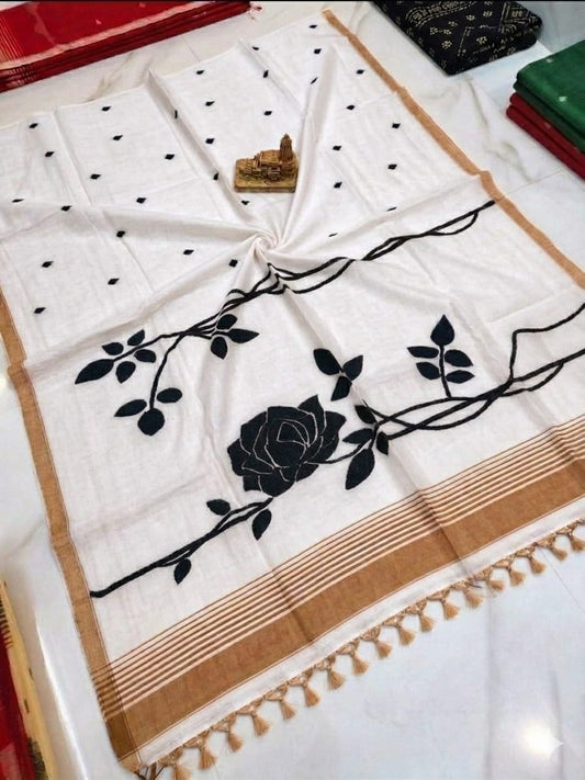 Handwoven Mul Cotton Rose Saree with elegant rose design, blouse piece available – Rihyaaz