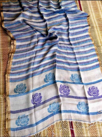 Rose handwoven striped linen saree with elegant woven stripes, rose motifs, and a lightweight traditional handloom texture by Rihyaaz 