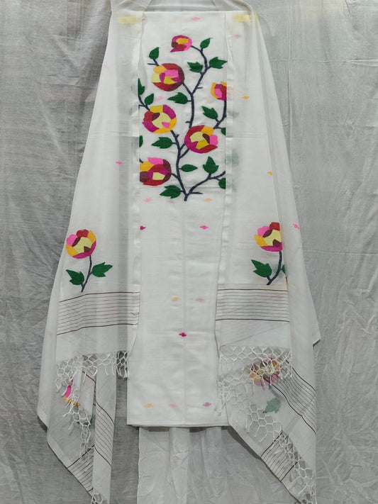 Poppy Mul cotton handloom suit with beautiful floral motifs, woven in soft Mulcotton Tantuj fabric by Rihyaaz.