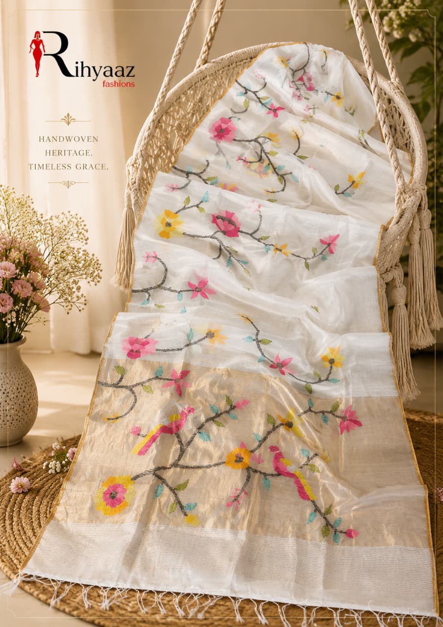 Anushua white Muslin Silk Paithani Palla Jamdani saree with intricate floral and bird weave by Rihyaaz.