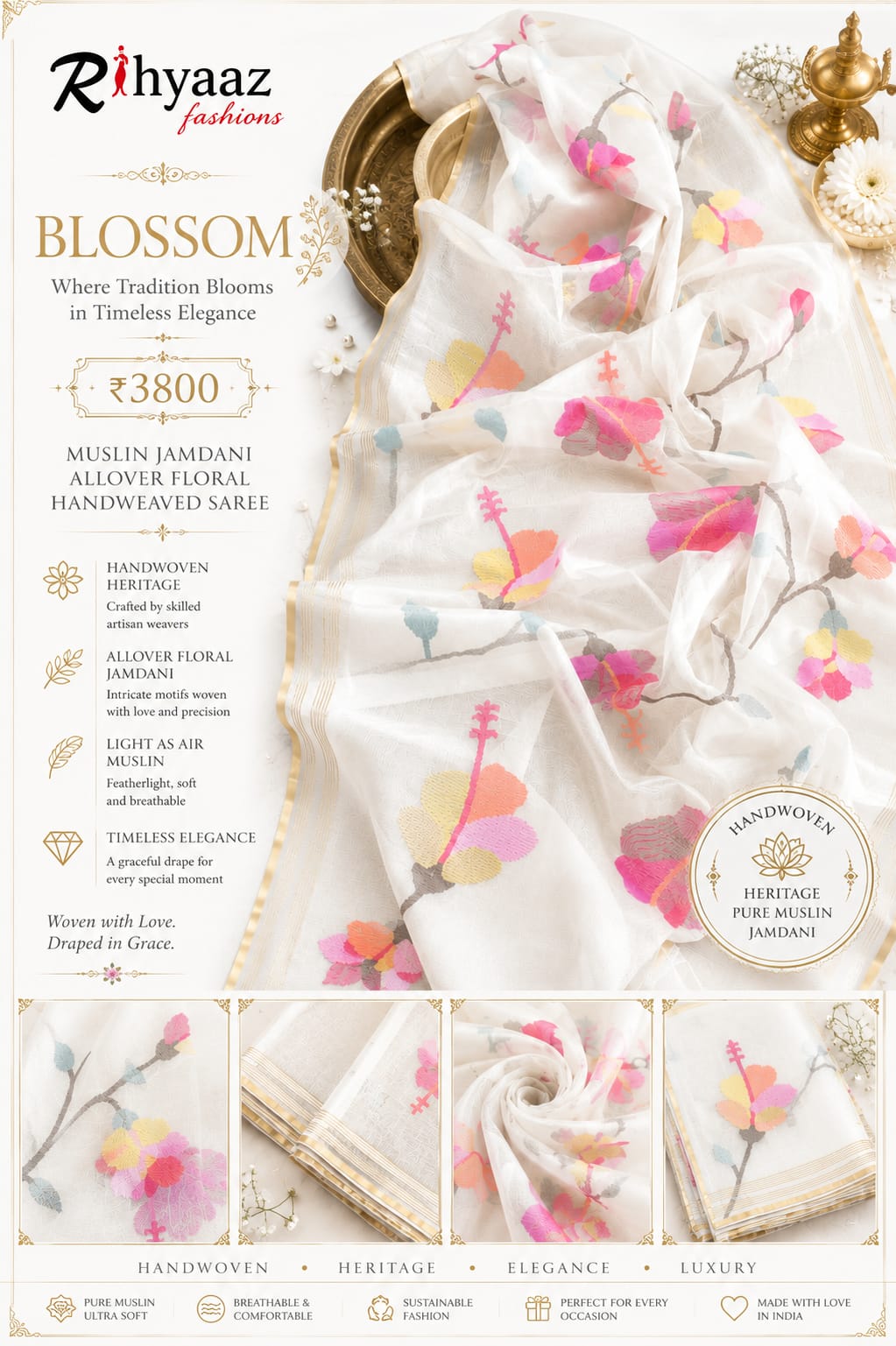 Blossom muslin Jamdani saree with allover floral handwoven motifs by Rihyaaz