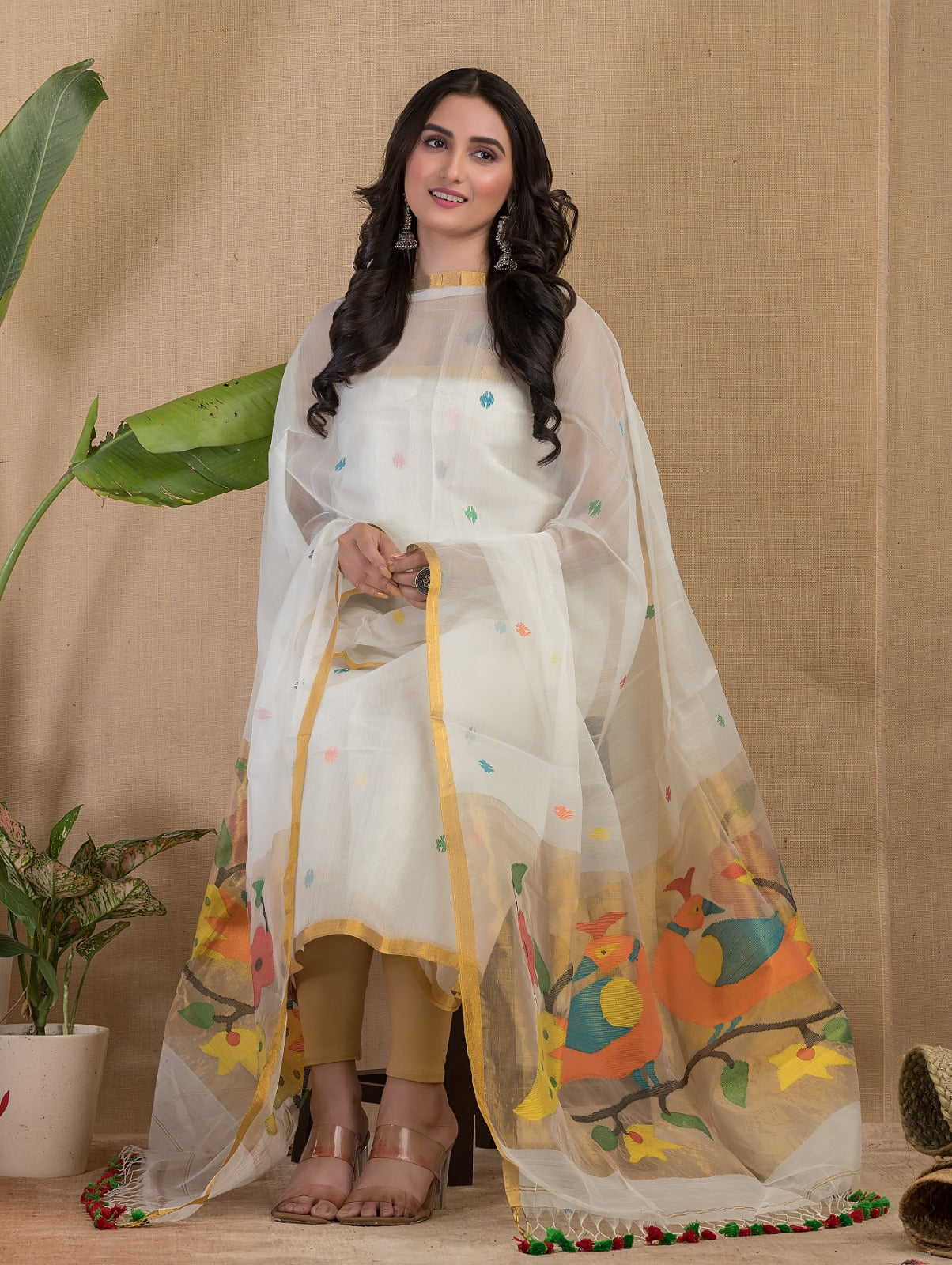 Rihyaaz Muslin Peacock Motif Paithani Jamdani handwoven suit with 2.5 meter top and tassel detailed dupatta