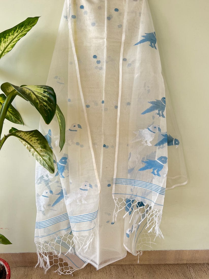 Chidiya muslin woven suit with zari and silk weaving, featuring polka dot motifs on the top by Rihyaaz Fashions.