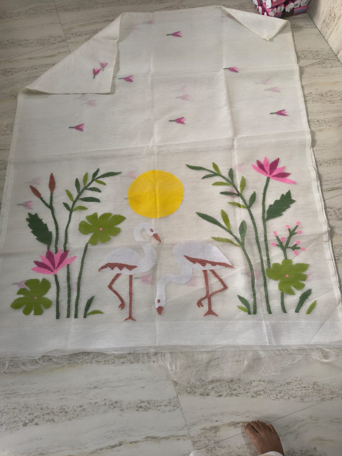 Kanika pure Jayasree silk linen saree with handwoven needlework Jamdani, pure Resham palla, all-over motifs and running blouse piece by Rihyaaz Fashions