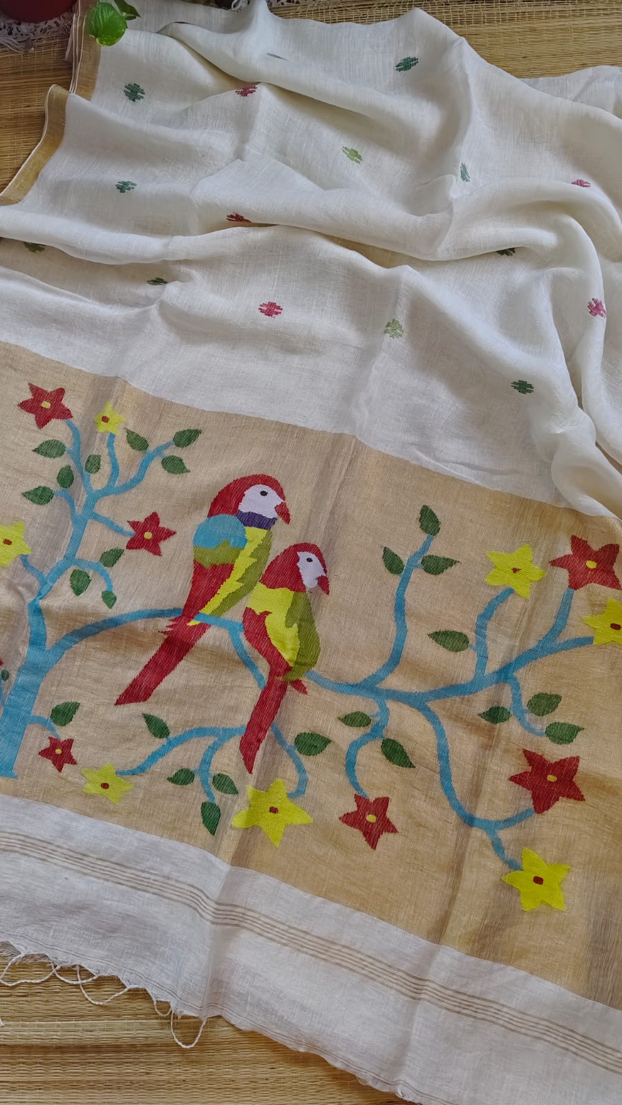 Kakatua Pure Linen Paithani Saree by Rihyaaz with matching blouse piece, elegant Paithani weave, premium linen fabric, custom colour options available, handcrafted ethnic wear.