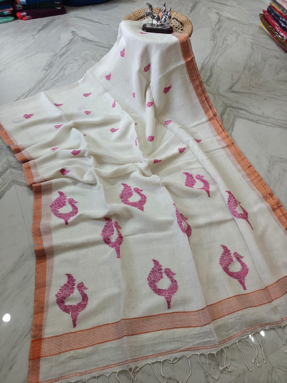 Exclusive Pure Linen by Linen Peacock Jamdani handwoven saree with all-over body Mina work and running blouse piece by Rihyaaz
