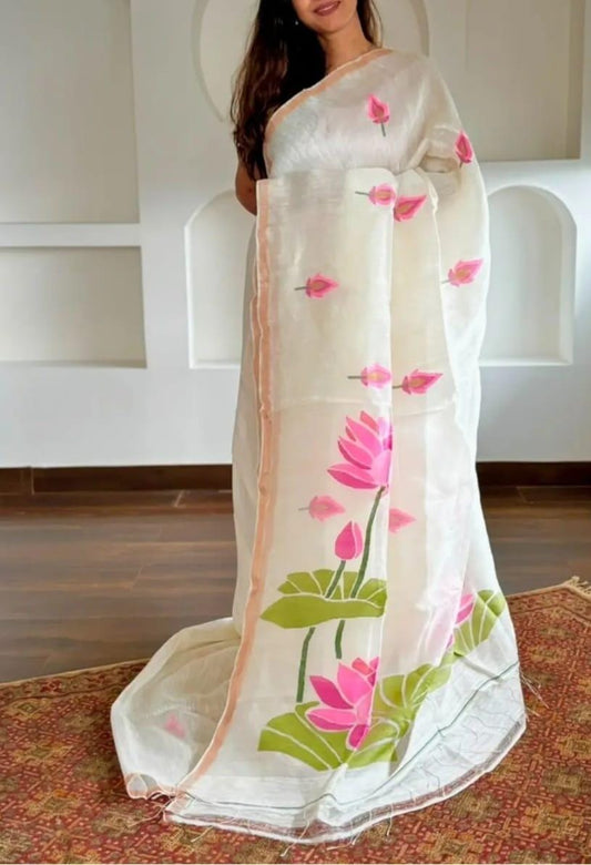 Sushma Pure Silk Jayashree Linen Saree by Rihyaaz featuring handwoven lotus needlework on premium Jayashree linen with pure silk. An elegant dyeable handloom saree ideal for weddings, festive celebrations, cultural events, and luxury ethnic wear.