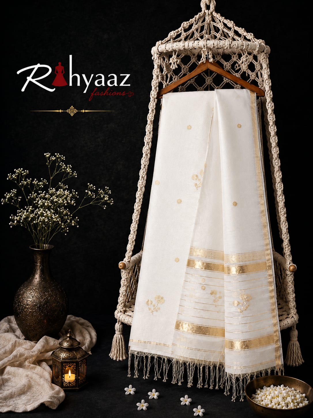 Lipi white Resham Linen Zari Jamdani suit with zari border and heavy palla Resham dupatta by Rihyaaz