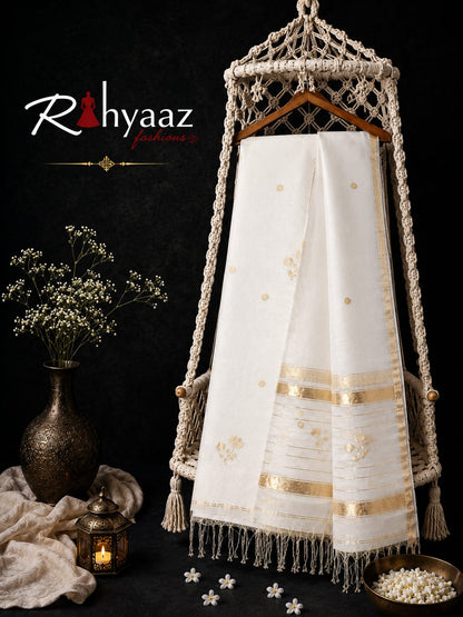 Lipi white Resham Linen Zari Jamdani suit with zari border and heavy palla Resham dupatta by Rihyaaz
