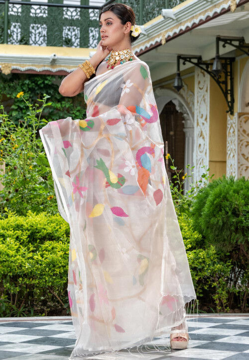 Papri Resham silk jamdani saree with allover handwoven bird & floral weaves by Rihyaaz 