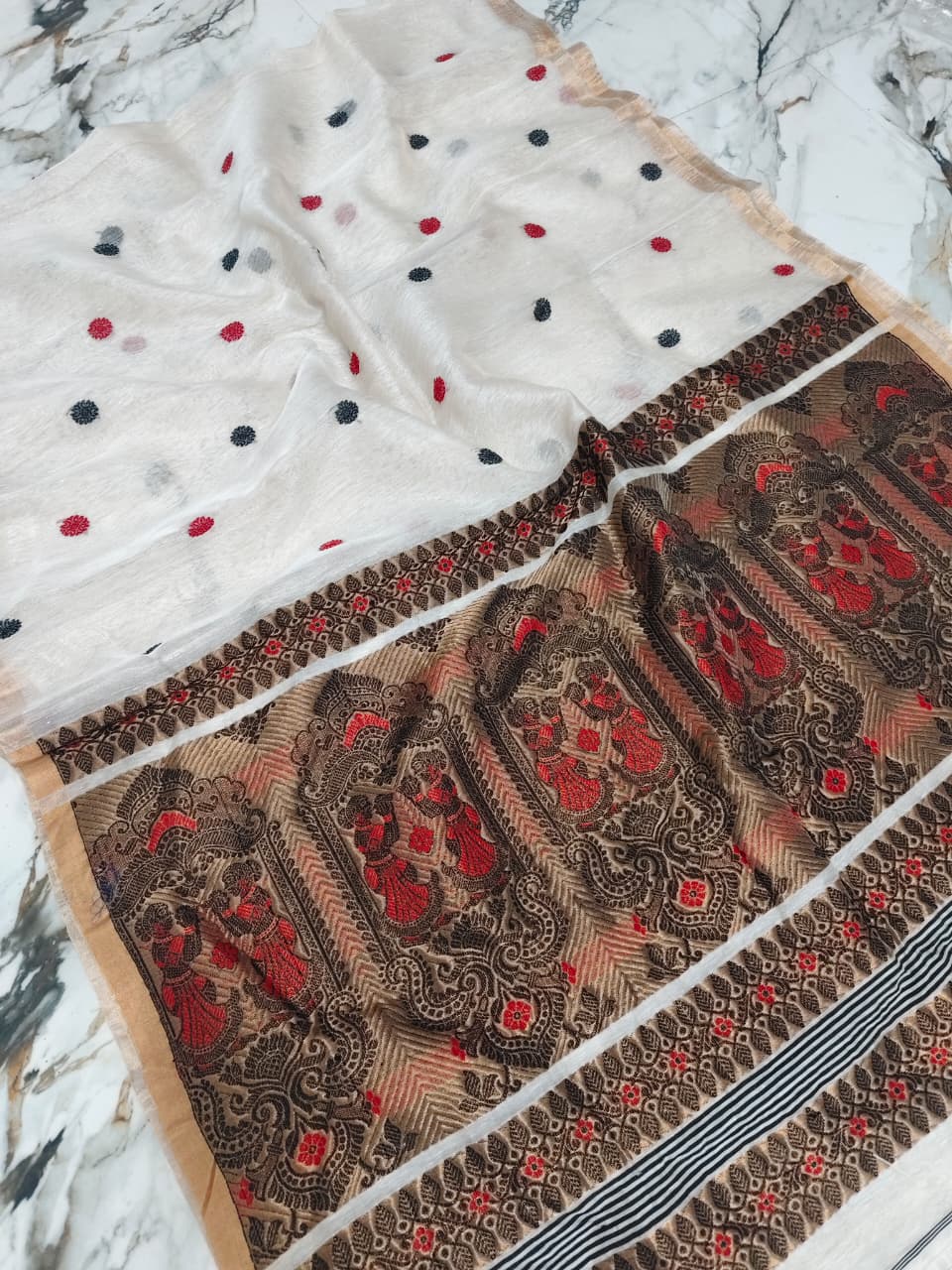 Udita Silk Linen Meenakari Baluchari saree by Rihyaaz with intricate traditional motifs and elegant handwoven detailing, available in all colours.