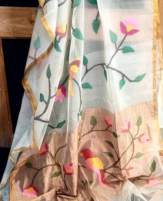Shakuntala - All over bird embedded floral weaved tissue Paithani palla handwoven saree by Rihyaaz in premium festive ethnic wear.