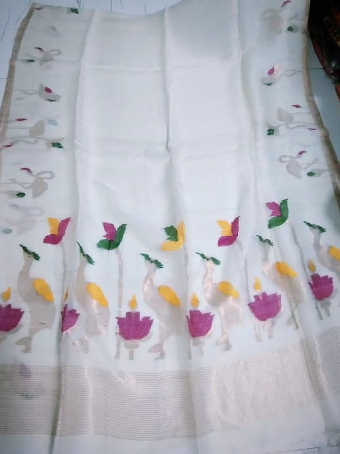 Pelican - Silk Linen Tissue Saree by Rihyaaz featuring premium handwoven silk linen tissue fabric with an elegant sheen, lightweight drape, and luxurious festive design for weddings and celebrations.