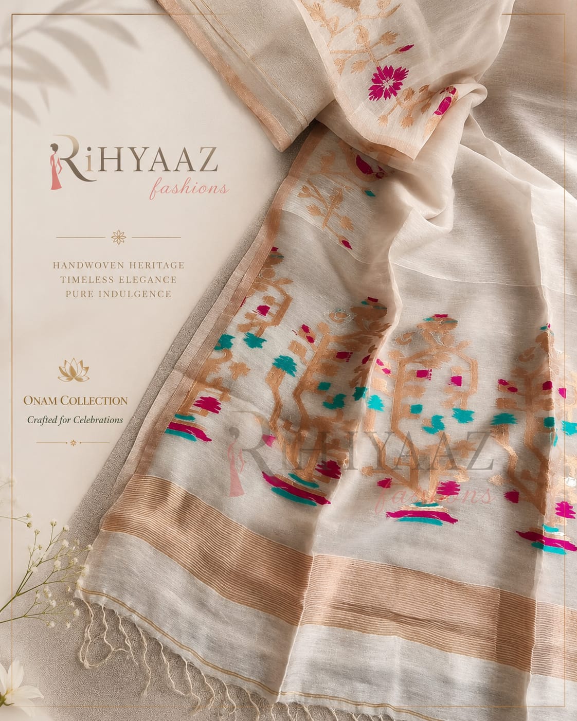 Khori - Silk Tissue Linen Needle Karat Jamdani Saree with handcrafted Resham Jamdani palla, premium handwoven festive saree by Rihyaaz featuring elegant traditional weaving and luxurious silk tissue linen fabric.