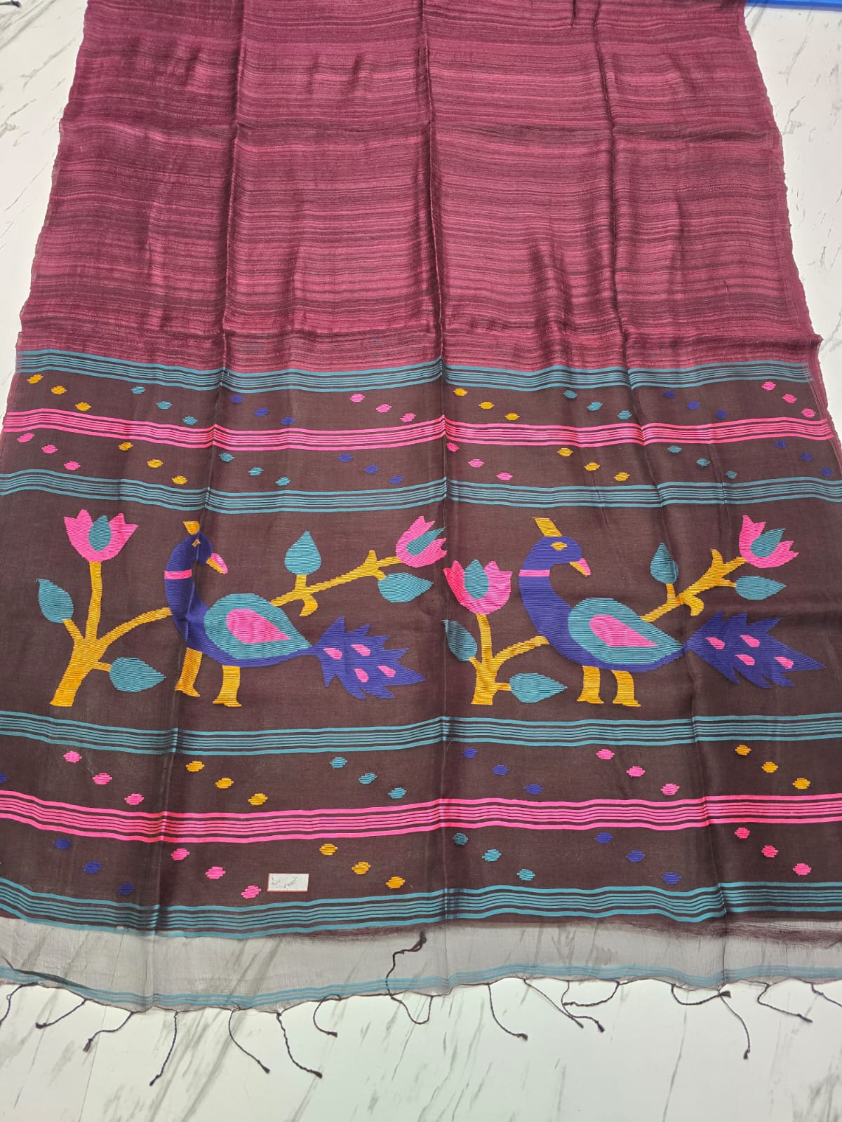 Meraki handwoven Matka silk saree with exquisite Resham Jamdani palla, showcasing intricate traditional weaving and elegant Indian handloom craftsmanship.