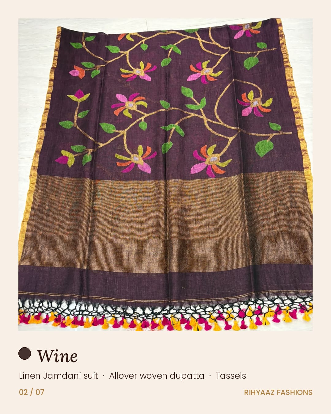 Gulmohar wine linen needle-weaved Jamdani suits by Rihyaaz Fashions, showcasing elegant traditional weaving and sophisticated Indian ethnic wear for women.