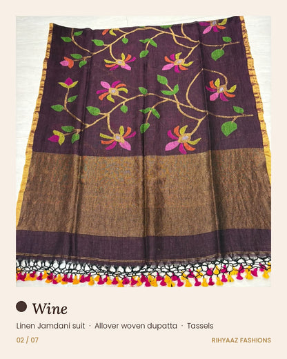 Gulmohar wine linen needle-weaved Jamdani suits by Rihyaaz Fashions, showcasing elegant traditional weaving and sophisticated Indian ethnic wear for women.