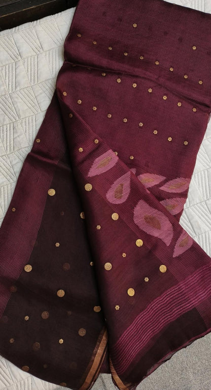 Keka premium Resham Silk Jamdani saree with handwoven needle Jamdani work, metal gini embellishments, peacock motif pallu, thin zari border, and running blouse piece.