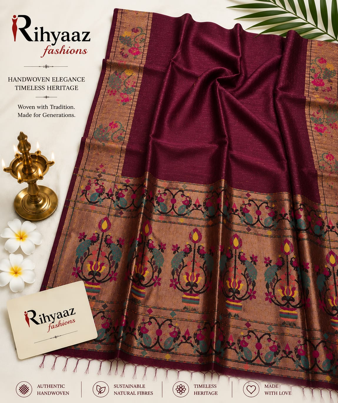 Sutra Silk Linen Intricate Paithani Palla Saree by Rihyaaz featuring exquisite handwoven craftsmanship, luxurious silk linen fabric, detailed Paithani palla, and an elegant traditional design for festive and wedding wear.