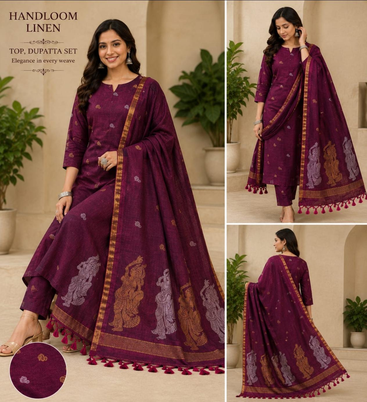 𝓡𝓪𝓼𝓲𝔂𝓪 zari-weaved linen Baluchari suit by Rihyaaz, featuring intricate traditional weaving and elegant ethnic craftsmanship with optional cotton-linen bottom.