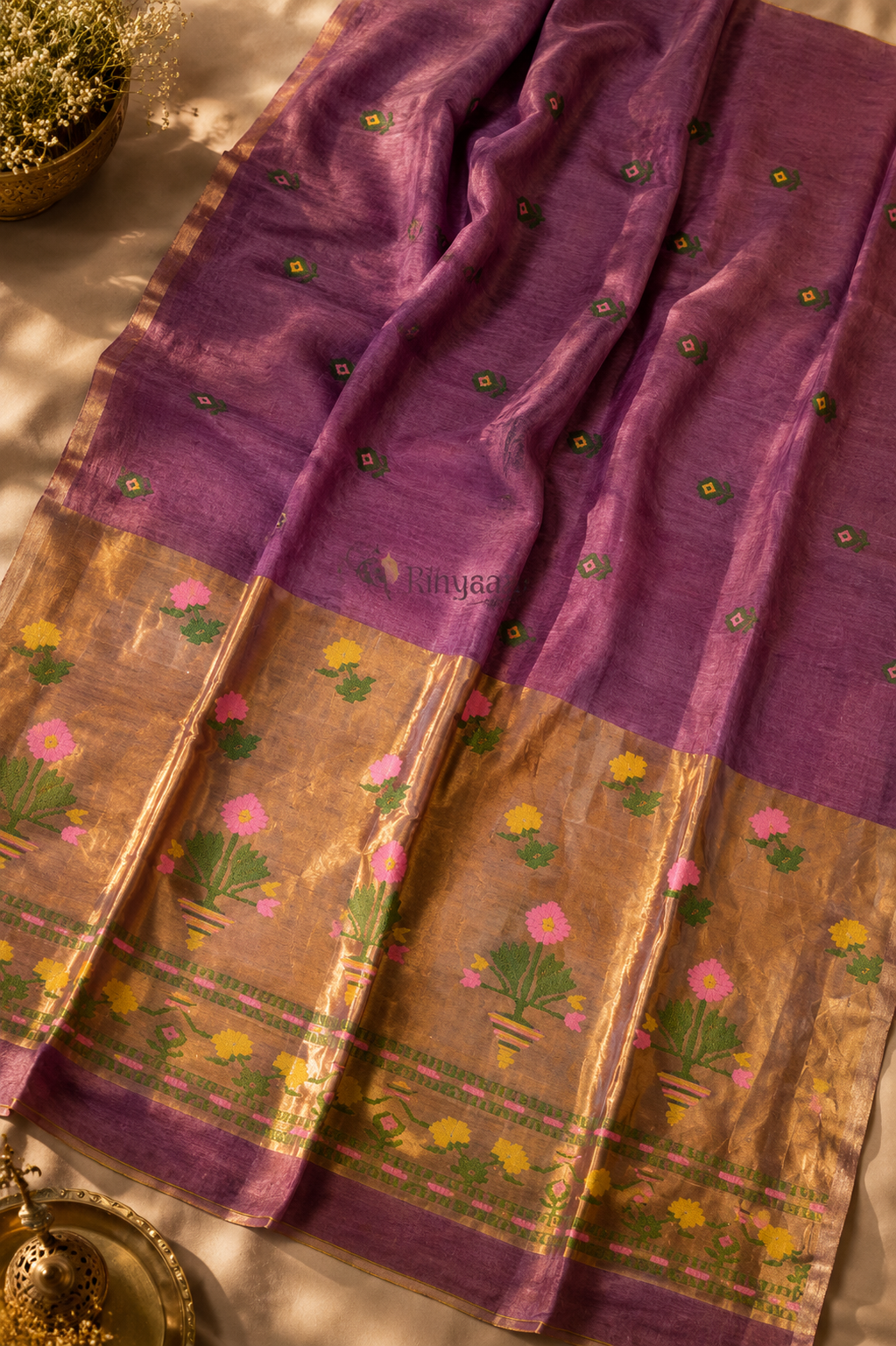 Ful - Paithani Inspired Tissue Palla Linen Silk Saree by Rihyaaz featuring an elegant handwoven linen silk body with a luxurious tissue Paithani-inspired palla, ideal for festive wear, wedding celebrations, and traditional occasions.